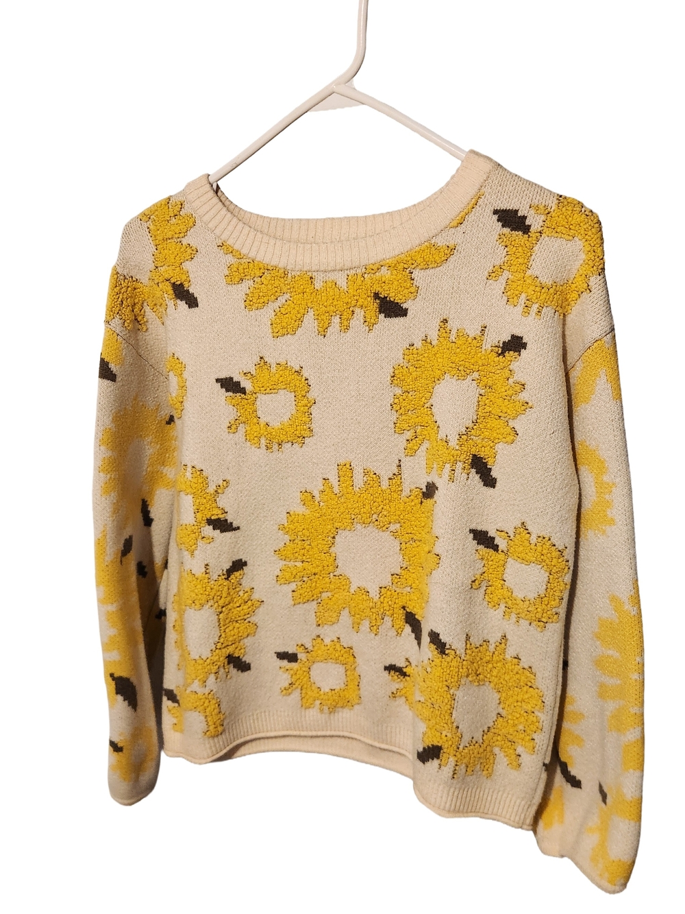 Women's Sunflower Floral Pattern Play Jacquard Knit Yellow Cream Sweater Sz S